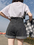 Wjczt New Summer Women High Waist Button Wigh Leg Jeans Shorts Casual Female Loose Fit Blue Denim Shorts