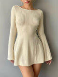 Backless Chic Solid Long Sleeve Autumn Dress Women Korean Fashion Basic Mini Dresses Slim Elegant Clothes Ladies Robe