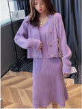 Wjczt Womans Clothes for Autumn Winter Loose Solid Knitwear Women's Two Piece V-Neck Casual Dress Set Long Sleeve Sweater Skirt