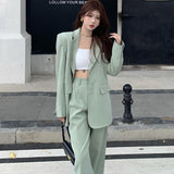 Wjczt Women Spring Autumn Solid Blazers Trousers Two Pieces Set 2022 Korean Office Lady Graceful Green Suit Coat+Wide Leg Pants Outfit