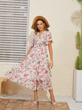 Wjczt Chiffon Pleated Long Women Dress Sexy Vintage Elegant V Neck Short Sleeve Dress Pink Floral Beach Summer Dress Women 2023