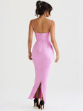 Wjczt Summer Satin Maxi Bodycon Dress Sexy Event Night Wedding Guest Dress Women Corset Party Dresses Pink Slit Dress High Quality