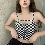 Wjczt Black White Plaid Crop Top Women Design Zipper Camisole Slim Sexy Tank Top French Chic Sports Bandeau Girl Summer 2022 New