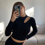 Wjczt Black Top Women Long Sleeve T Shirt Hollow Out T-Shirts Autumn Winter Clothes Solid Basic Blue Streetwear White Crop Top