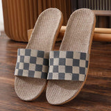 Wjczt New Checkerboard Linen Slippers Women 2022 Summer Indoor Home Shoes Household Non-slip Couple Four Seasons Men's Sandals Y