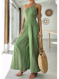 Wjczt Waist Folds Backless Double Strap Casual Wide Leg Jumpsuit Long Pants Green New Female Loose  Jumpsuit