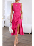 Wjczt Side Waist Cut Out Back Zip Women Summer Beach Dress Sleeveless Split Midi Tank Rose Red Female Vestido Robe Casual