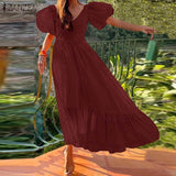 Wjczt 2024 Women Casual Solid Sundress Summer Vintage Holiday Party Vestidos ZANZEA Elegant Short Lantern Sleeve V Neck Kaftan Dress