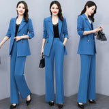 Wjczt Korean Version High Sense Temperament Professional Suit Elegant Woman 2022 Spring New Style Suit Wide Leg Pants Two-piece Set