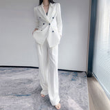 Wjczt 2022 Spring Autumn Korean Women's 2 Pcs Suit Set Office Lady Graceful High-End OL Coats+Wide Leg Pants Sets New White Clothing