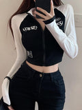 Wjczt Y2K Vintage T-shirt Women Spring Long Sleeve O Neck Crop Top Korean Fashion Vintage High Street Zip Up Skinny Tees Streetwear