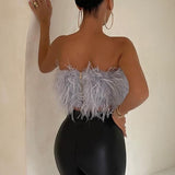 Wjczt 2022 New Fashion Women Sexy Furry Tops Camis Women Casual Tank Tops Female Chic Sleeveless With Real Ostrich Feather Tunic Vest