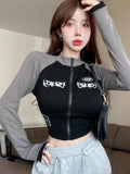 Wjczt Y2K Vintage T-shirt Women Spring Long Sleeve O Neck Crop Top Korean Fashion Vintage High Street Zip Up Skinny Tees Streetwear
