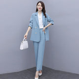 Wjczt 2022 Spring Autumn OL Two Pieces Pants Set Office Lady Graceful Suit Coats+Trousers Sets Women's Working Basic Solid Clothing