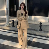Wjczt Women Spring Autumn Solid Blazers Trousers Two Pieces Set 2022 Korean Office Lady Graceful Green Suit Coat+Wide Leg Pants Outfit