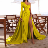 Wjczt Prom Wedding Party Dresses Women Evening Elegant Sexy One Shoulder Backless Satin Pleated Side Split Long Maxi Dresses Y2K