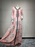 Wjczt Traditional Festival Ramadan Eid Gorgeous Party Style New Satin Rayon Pink Diamond VNeck Muslim Print Dress Jalabiya Women Ab156