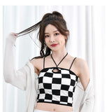 Wjczt Retro Checkerboard Crop Top Women Y2K Gyaru Sexy Halter Top Summer Fashion Fixed Cup Camisole Smooth Breathable Tank Top