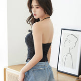 Wjczt Women Sexy Halter Crop Top Summer Lace up Sleeveless Camis Tops Female Casual Backless Tie Lacing Vest Solid Color Streetwear