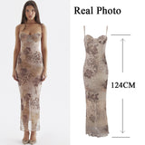 Wjczt Summer Spaghetti Strap Leopard Printing Dress Elegant Vintage Bodycon Mesh Birthday Wedding Guest Party Dress long