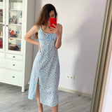 Wjczt Ditsy Floral Ruched Bust Knot Front Split Thigh Cami Dress Womens Summer Print Street Style Sleeveless Dress Robe Femme