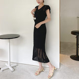 Wjczt 2022 Elegant Slim Knit Long Dress Women Summer Korean Simple Solid Sexy Hollow Out Deresses Female 2 Piece Set Derss