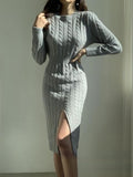 Wjczt Retro Split Knit Dress Women's Autumn Winter New Waist Slimming Bottoming Sweater Skirt Dress for Women Sweaters Dresses