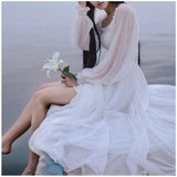 Wjczt Fairy White Beach Dress Fashion Women Lantern Sleeve Chiffon Princess Dress High Wait Loose Casual A Line Long Holiday Vestidos