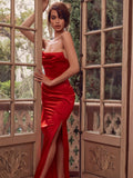 Wjczt Nightclub Style Dresses Strapless Sleeveless  Solid Color Slit Pleated Grace Long Dress Summer Sexy Red Dresses