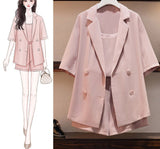 Wjczt M-6XL Women's 2022 Summer 3 Pcs Shorts Set Office Lady Graceful Pink Short Sleeve Suit Coat+Pants+Vest Sets New Clothing Female