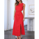 Wjczt Side Waist Cut Out Back Zip Women Summer Beach Dress Sleeveless Split Midi Tank Rose Red Female Vestido Robe Casual