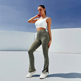 Wjczt High-Waisted Sports Leggings Stretch Slim Push Up Leggings Solid Color Foot Slit Flared Pants for Women