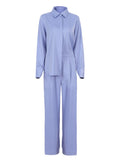 Wjczt Blue Elegant 2 Piece Women Pantsuit Office Satin Outfits Button Shirts And Wide Legs Long Pants Oversize Suit Ladies