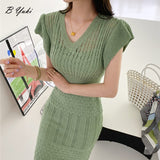 Wjczt 2022 Elegant Slim Knit Long Dress Women Summer Korean Simple Solid Sexy Hollow Out Deresses Female 2 Piece Set Derss