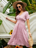 Wjczt Floral Print Shirred Waist Flared Hem Dress Summer Women Holiday Short Sleeve V-neck A-line Long Dress Robe Femme