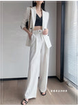 Wjczt 2022 Spring Autumn Korean Women's 2 Pcs Suit Set Office Lady Graceful High-End OL Coats+Wide Leg Pants Sets New White Clothing