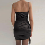 Wjczt  Women Sexy Satin Dress Drawstring Mini Cami Dress Summer Ruched Black Dresses Tight Party Club Night Female Vestidos