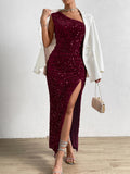 Wjczt Pink Sequin Summer Dress For Women One Shoulder Ruched Slim Maxi Long Dresses Female Backless Sexy Party Vestidos