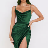 Wjczt Swing Collar Sexy Split Satin Dress Summer Fashion Sling Temperament Folds High Waist Solid Pullover Elegant Women Dresses