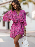 Wjczt Seawefit 2024 Print Chiffon Dress Ruffle Long Sleeves Mini Dresses Women Belt String Outfits Female Shirring Elegant Floral Robe