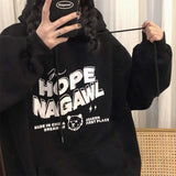 Wjczt Harajuku Black Fleece Baggy College Pullover Letter Printing Sweatshirt Casual Lazy Wind Raglan Sleeves Drawstring Hoodie Autumn