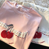 Wjczt Sweet Girl High Street Flock Cherry Embroidery T Shirts Pure Cotton Summer Large 3XL Harajuku Oversized Teens Y2k Aesthetic