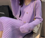 Wjczt Womans Clothes for Autumn Winter Loose Solid Knitwear Women's Two Piece V-Neck Casual Dress Set Long Sleeve Sweater Skirt