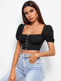 Wjczt Sexy Square Collar Cropped Tops Elegant Short Puff Sleeve Button Up Blouse Casual Solid Short Tee Shirt Female High Street Shirt