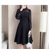 Wjczt Long Sleeve Dresses Women Black Lace Patchwork Casual Office Ladies Elegant Slim Party Spring Vestidoes Chic Mid-Calf Vintage