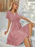 Wjczt Floral Print Shirred Waist Flared Hem Dress Summer Women Holiday Short Sleeve V-neck A-line Long Dress Robe Femme