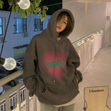 Wjczt Women's Grey Fashion Letter Printing Baggy Pullover Pocket Fleece Thicken Sweatshirt Lazy Casual Raglan Sleeves Hoodie Winter