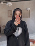 Wjczt Women's Grey Fashion Letter Printing Baggy Pullover Pocket Fleece Thicken Sweatshirt Lazy Casual Raglan Sleeves Hoodie Winter