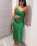 Wjczt Women Elegant Party Club Evening Birthday Hollow Out Bodycon Stain Green Long Dress Summer Clothes Streetwear