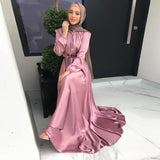 Wjczt Summer Elegant Solid Color Colorful Temperament Long Skirt Ladies Open Shouder Robe Satin Large Size Belt Muslim Woman Abaya